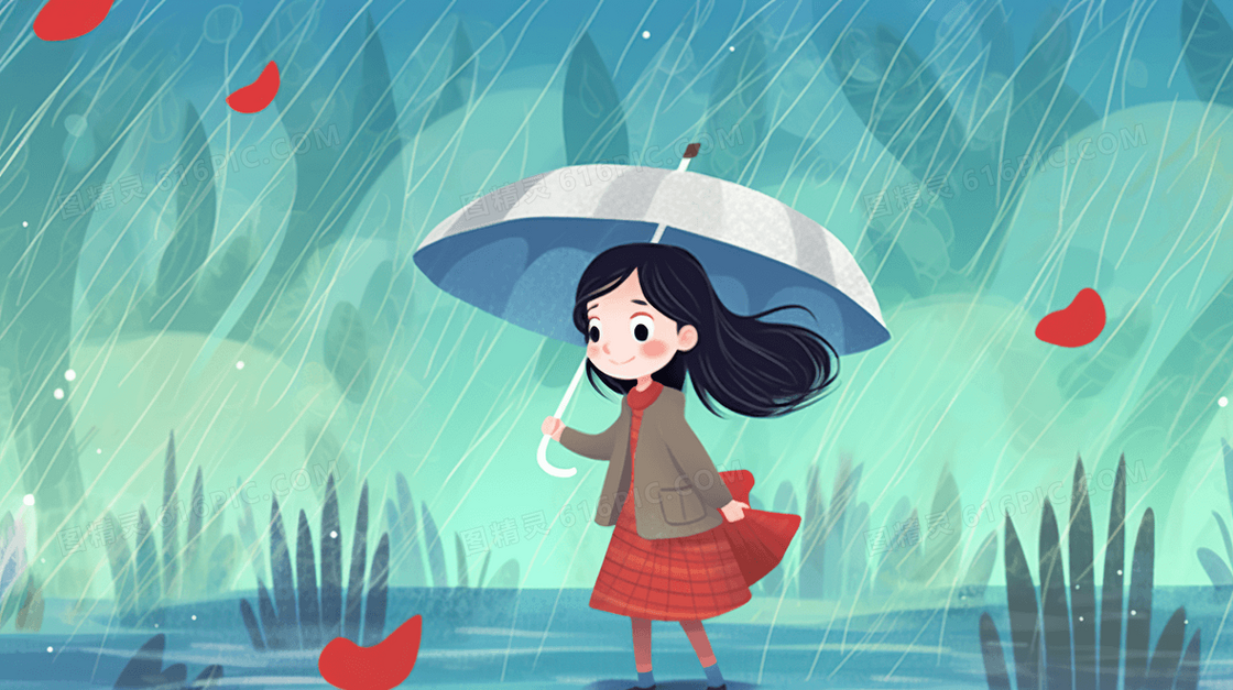 深秋降温在雨中撑着伞唯美落叶插画
