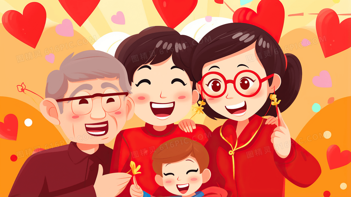 国庆节一家人团聚开心喜悦插画