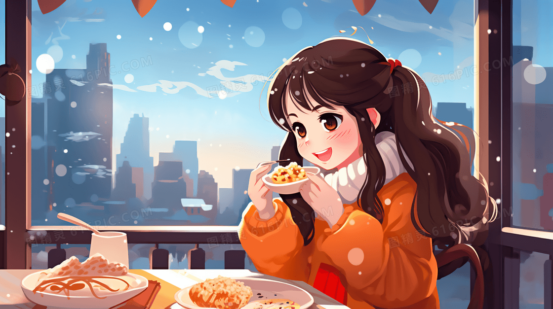 冬天女孩在室内饮食保暖插画