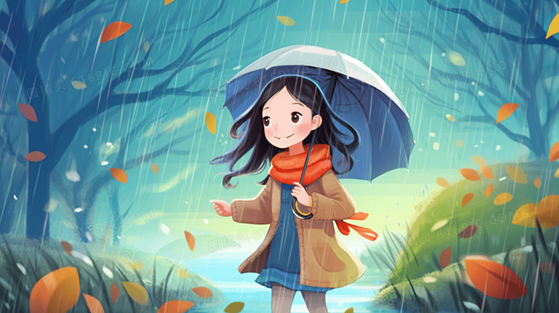 深秋降温在雨中撑着伞唯美落叶插画