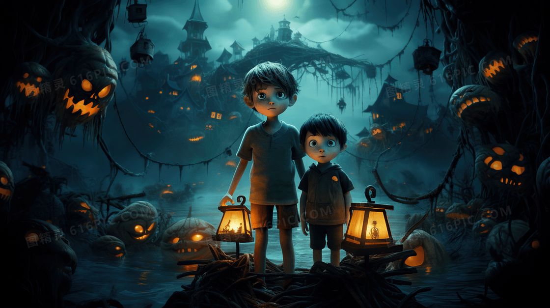 两个男孩在黑暗小岛儿童恐怖故事创意插画