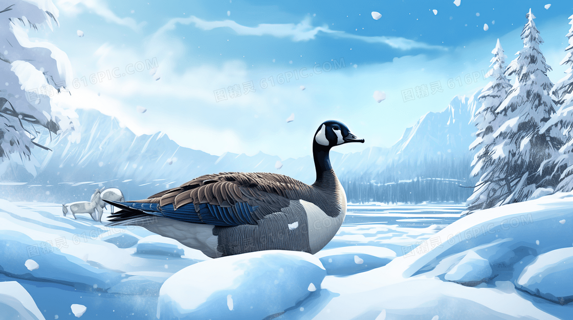 冬季冰天雪地里的灰雁插画