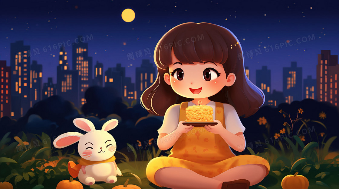 中秋节卡通可爱女孩与兔子插画