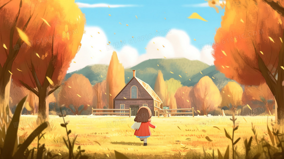 金色秋天唯美风景森林边上的小木屋创意插画