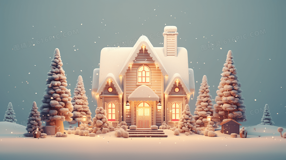 3D立体模型冬季雪地房屋树木圣诞节插画