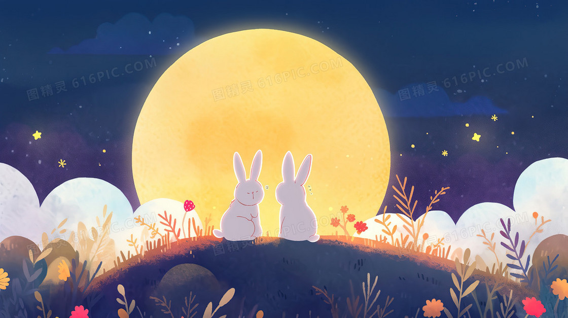 森林里可爱的小兔子和金色的月亮创意插画