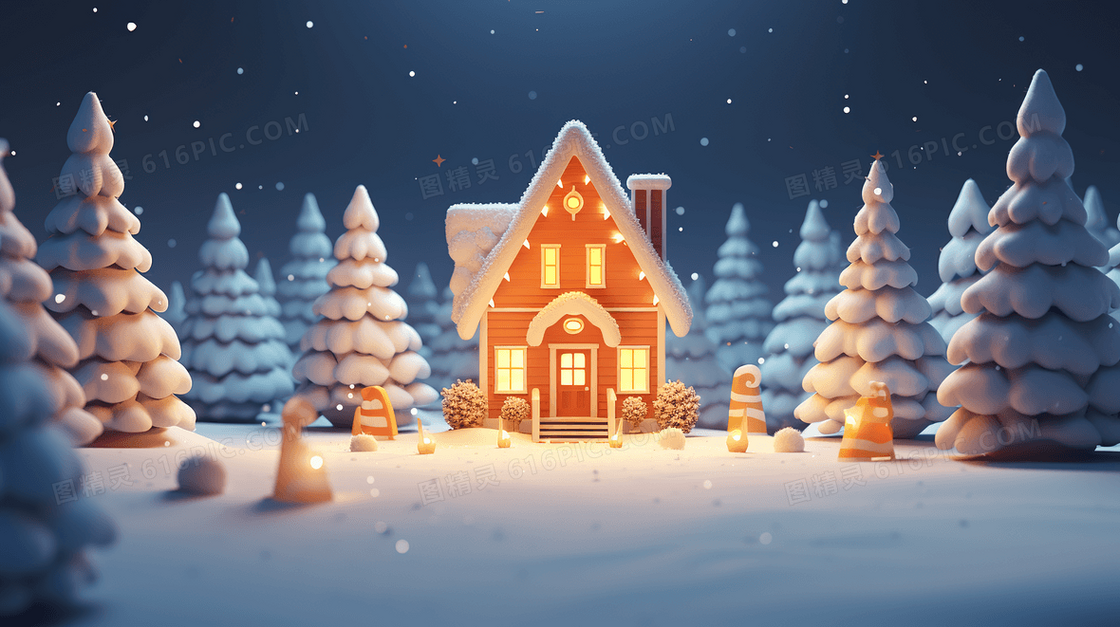 3D立体模型冬季雪地房屋树木圣诞节插画