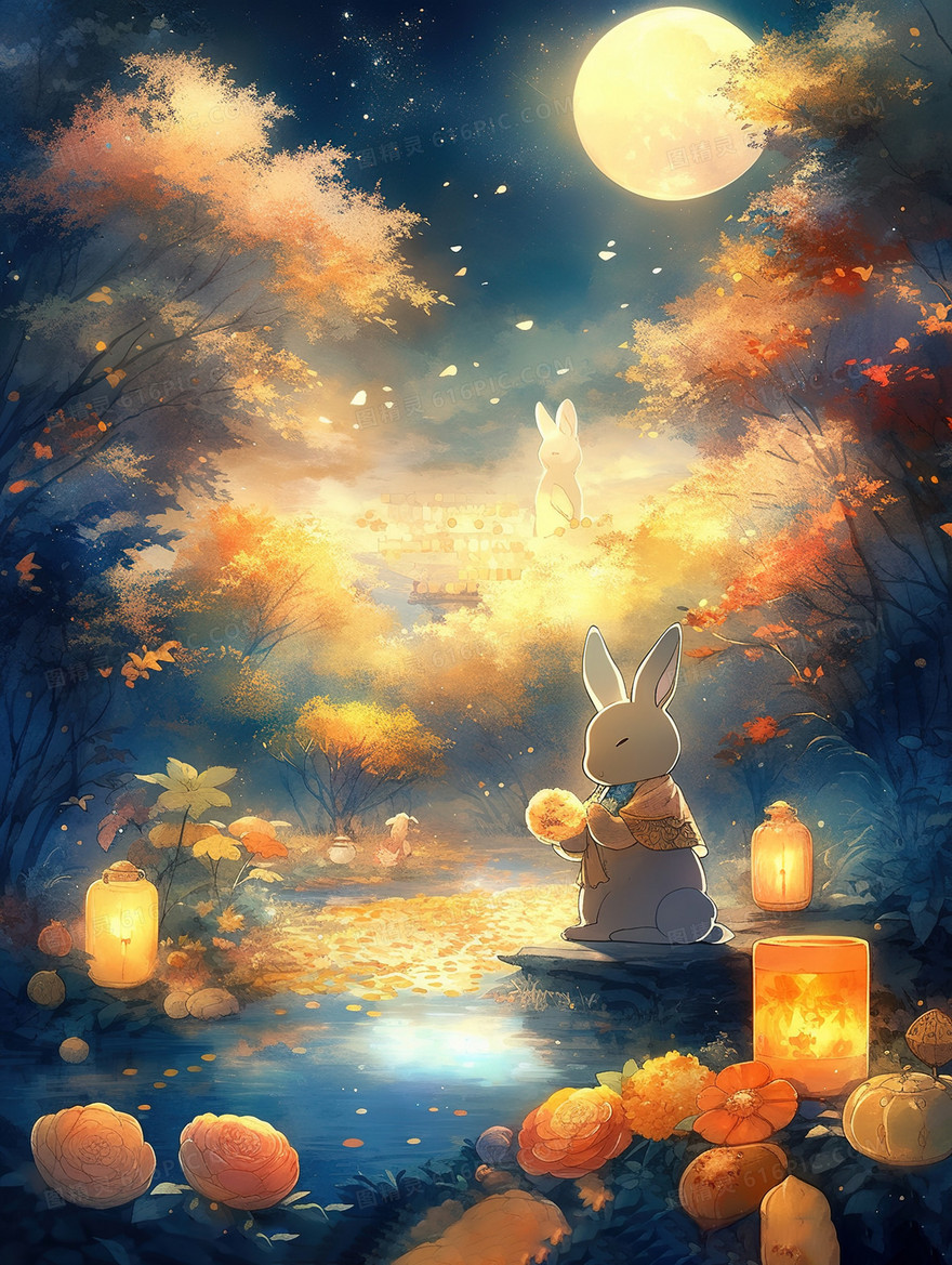 月夜下森林里的河边站着可爱的兔子创意插画