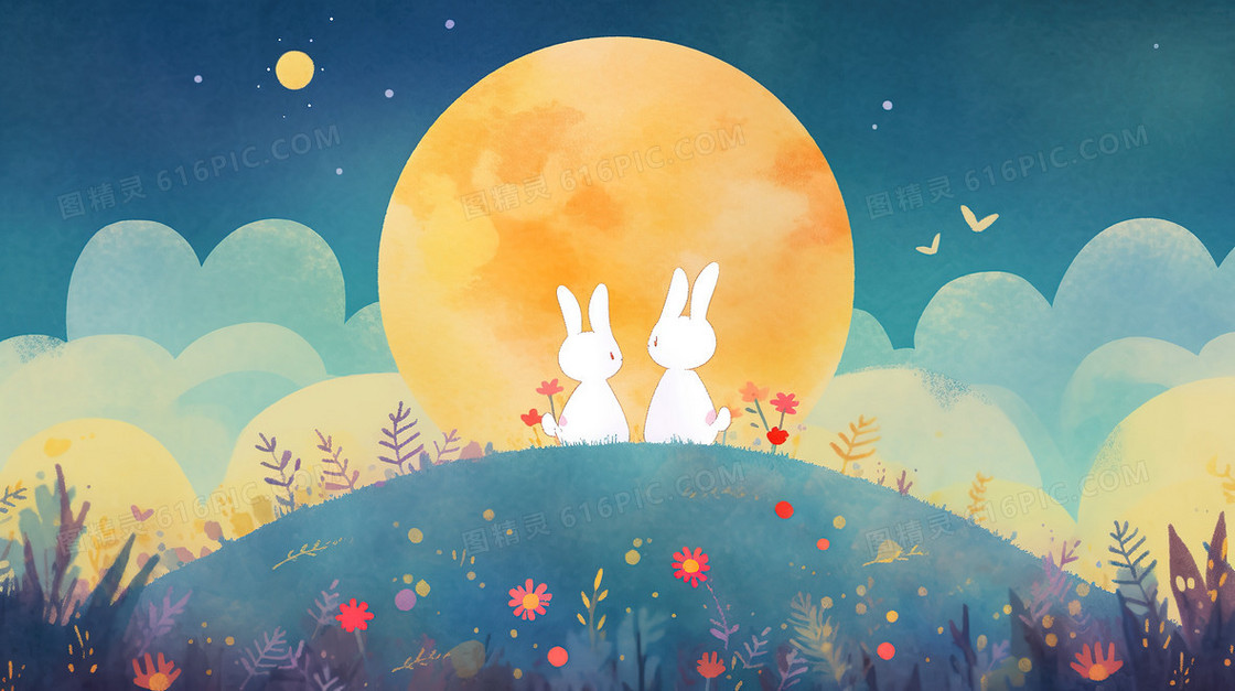 森林里可爱的小兔子和金色的月亮创意插画