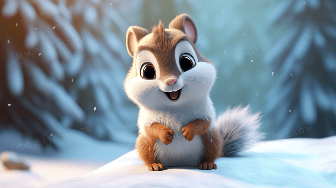 森林雪地里的可爱松鼠小动物插画