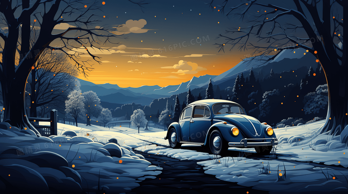 冬季夜晚月光下雪地里的小汽车风景插画