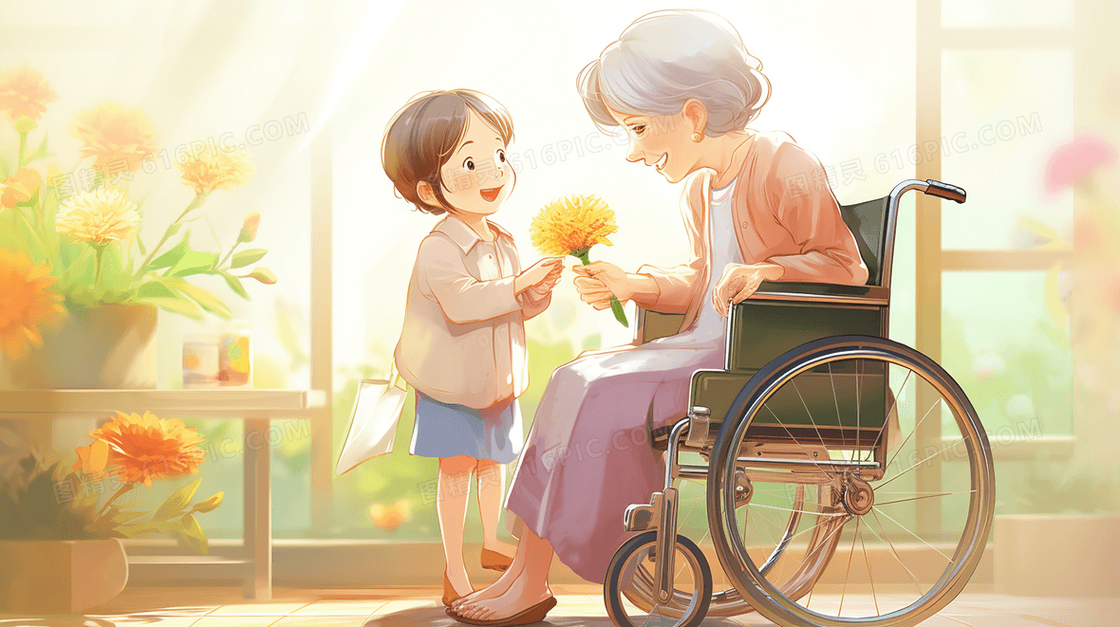 小女孩陪伴坐轮椅的白发老人温馨插画