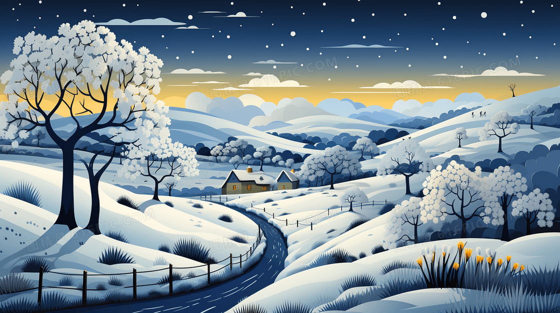 冬季夜晚月光下的山地雪地风景插画