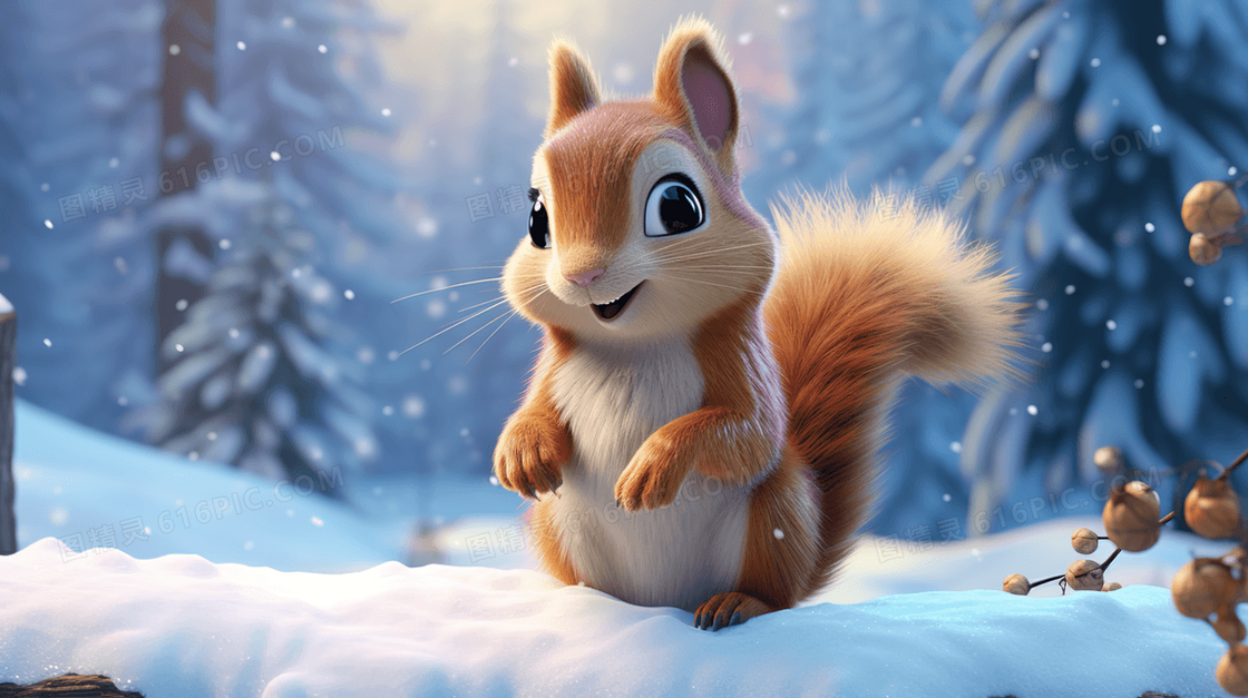 森林雪地里的可爱松鼠小动物插画