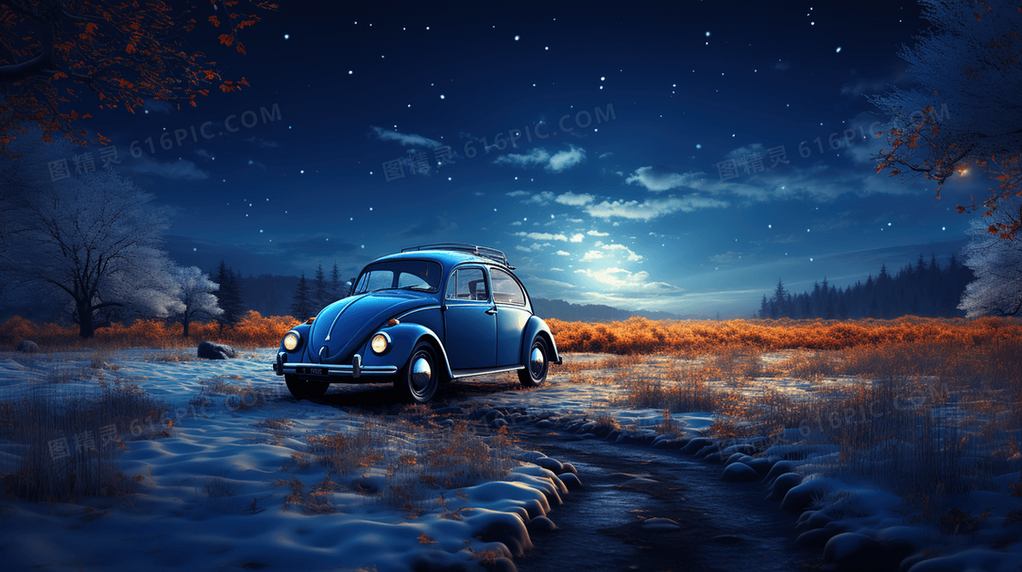 冬季夜晚月光下雪地里的小汽车风景插画