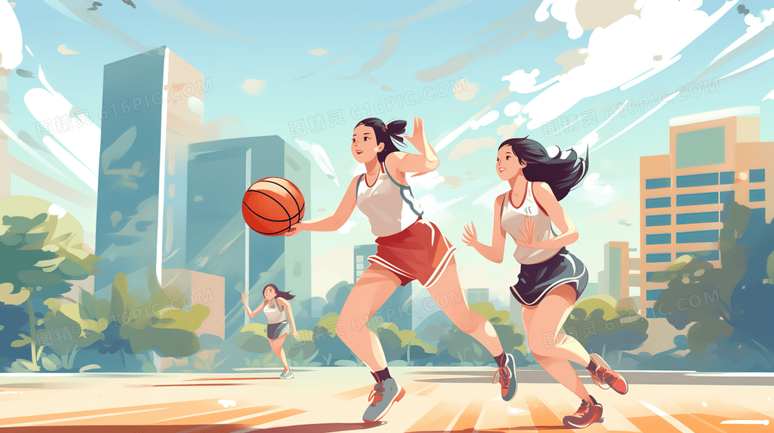 打篮球的体育锻炼的学生插画