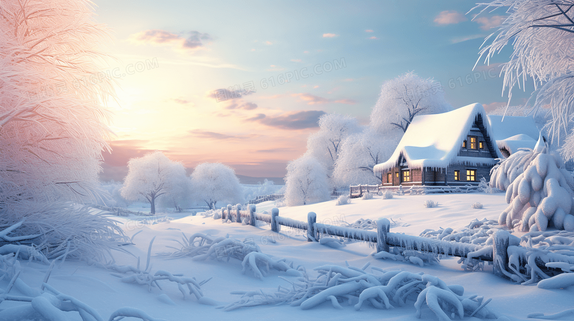 晨光下冬天大雪山林小房子雪景插画