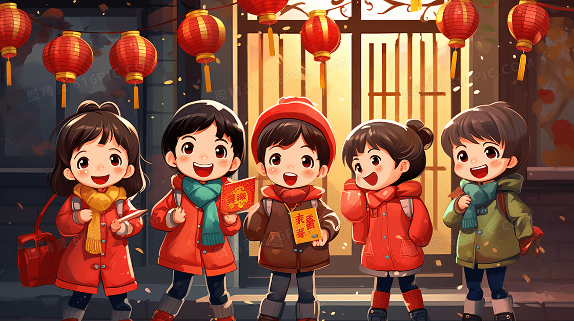 中国春节穿新衣赏花灯的孩子插画