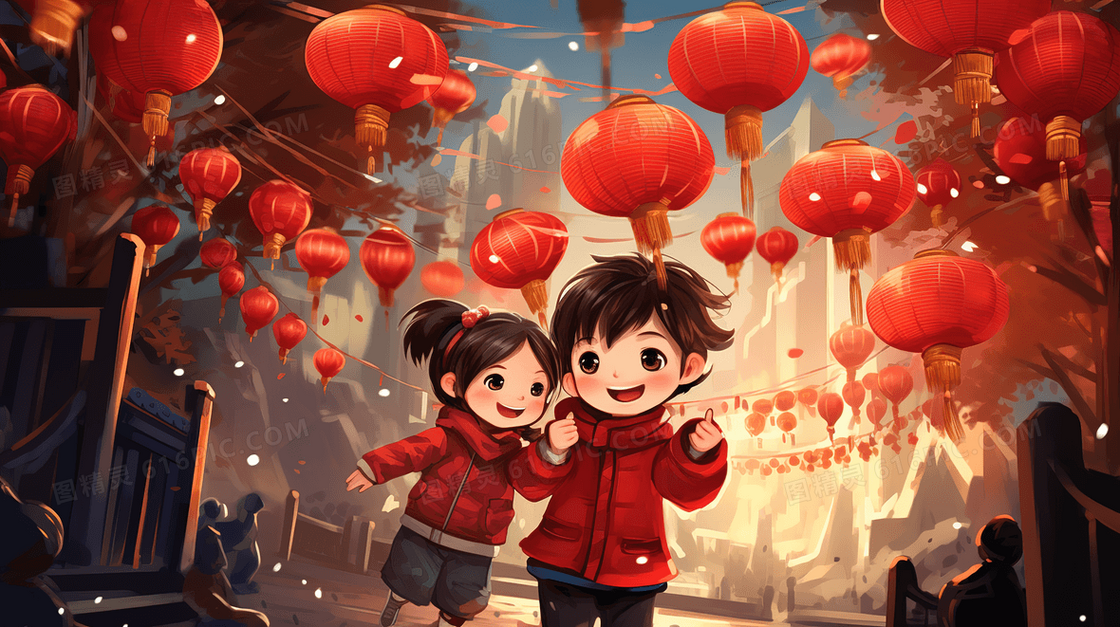 中国春节穿新衣赏花灯的孩子插画