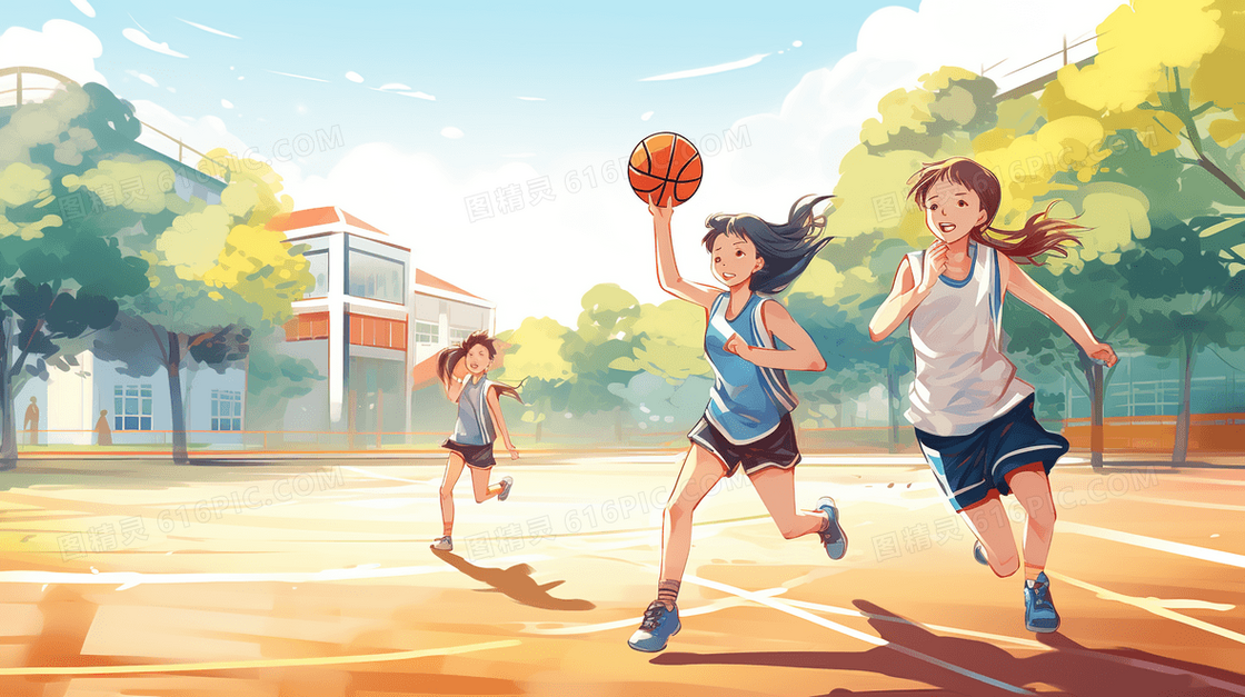 打篮球的体育锻炼的学生插画