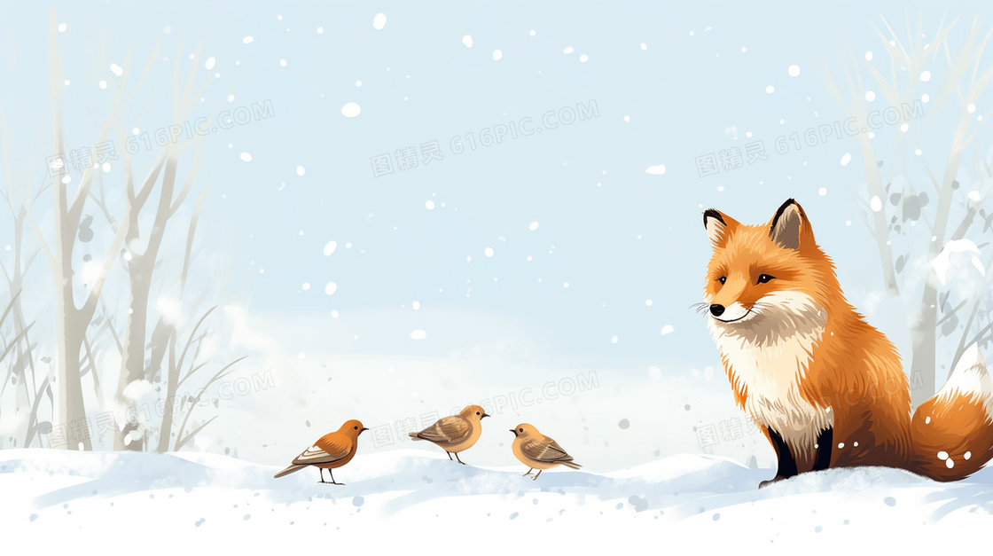 冬季雪地山林里的狐狸插画
