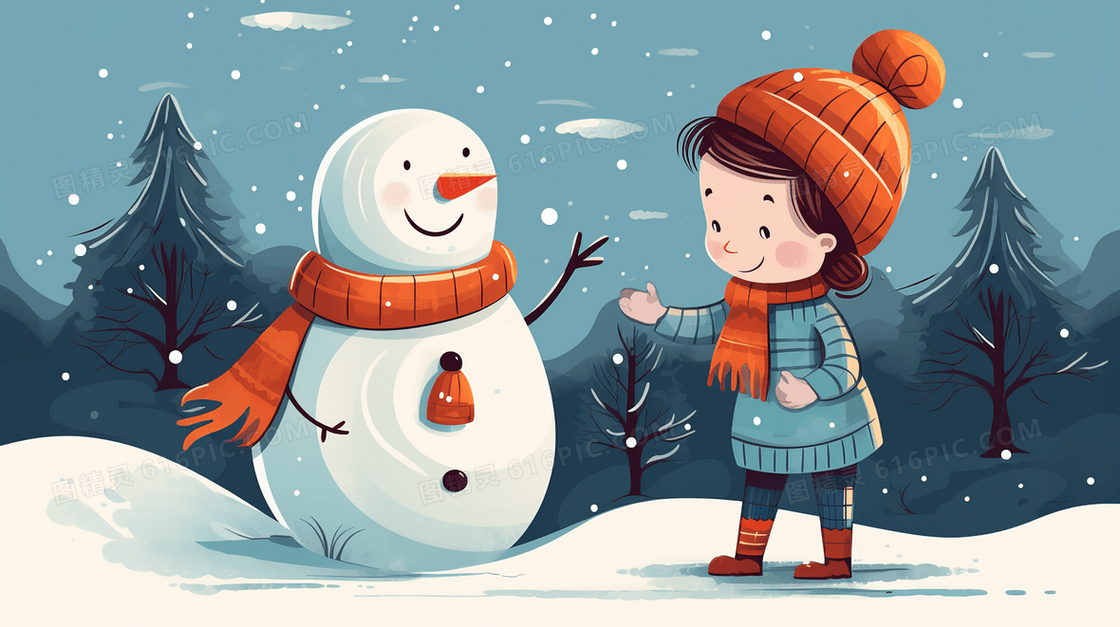 雪地里的雪人跟小孩子玩耍插画