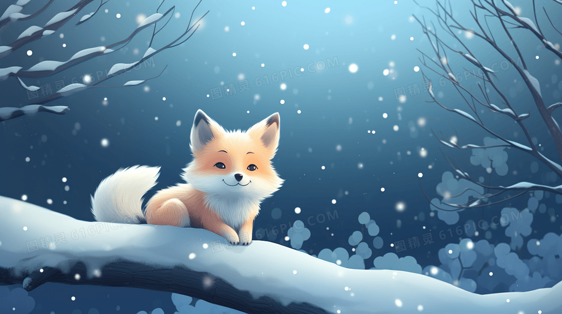 冬季雪地山林里的狐狸插画