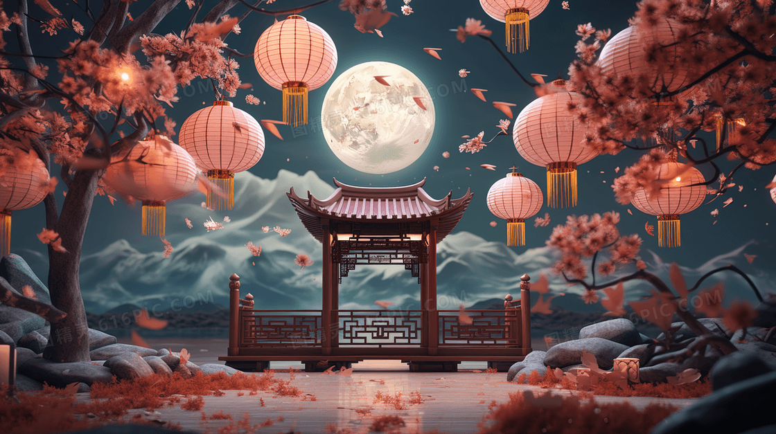 圆月灯笼古建筑中秋节插画