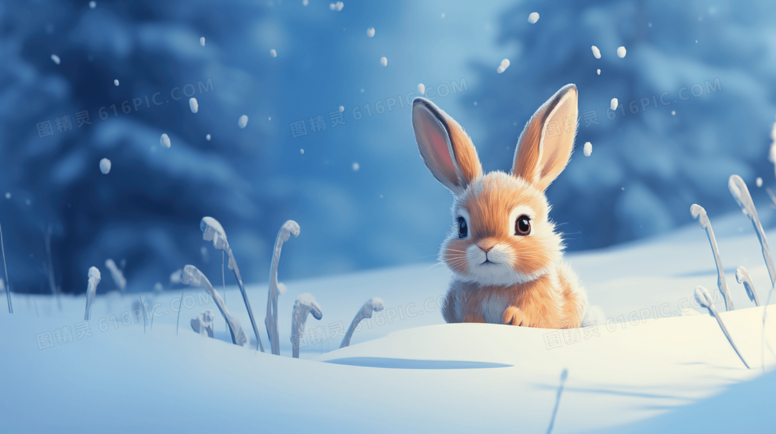 冬季雪地里的可爱兔子插画