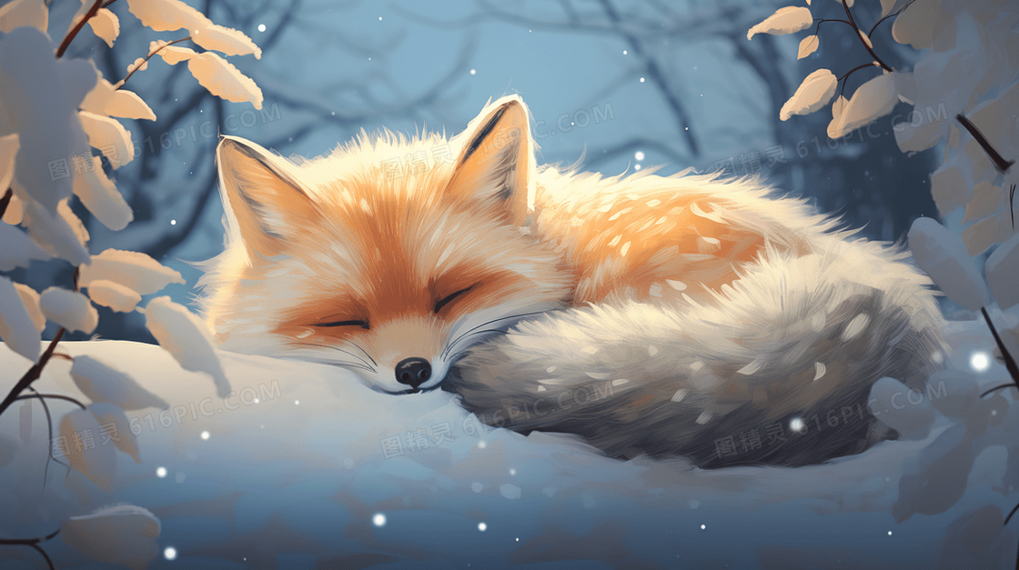 冬季雪地山林里的狐狸插画