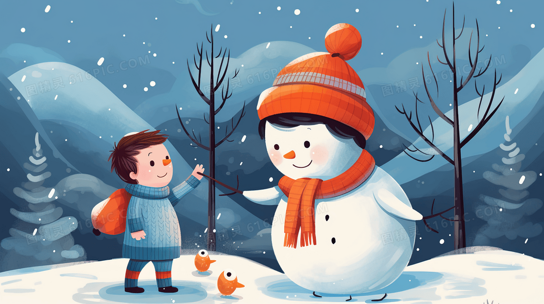雪地里的雪人跟小孩子玩耍插画