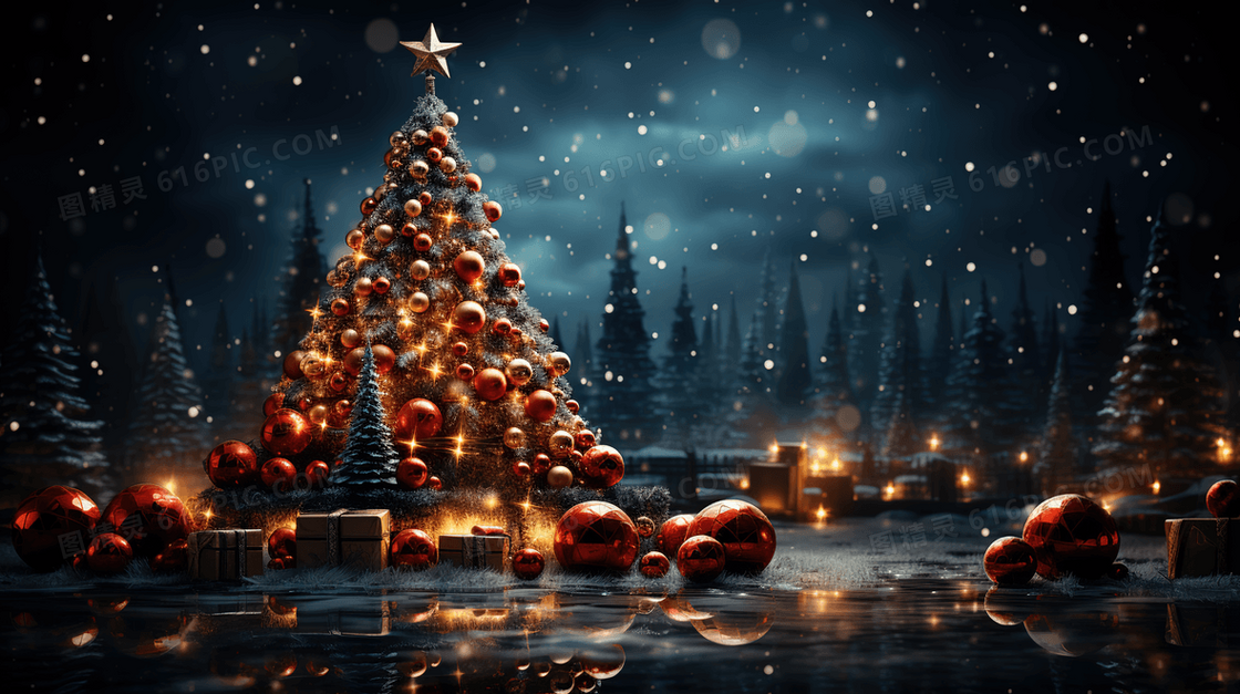 冬天夜晚雪地里的发光圣诞树插画