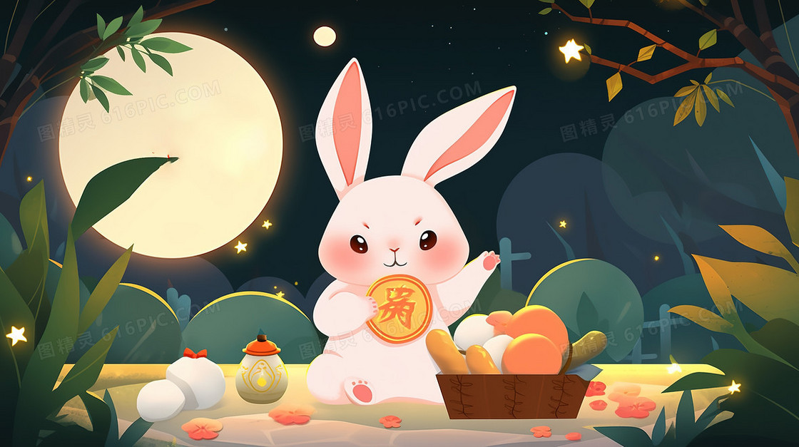 中秋节一个小兔子抱着月饼在月光下插画