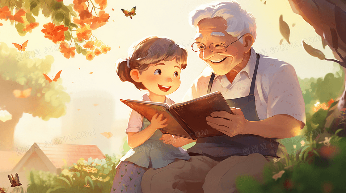 坐在树下爷爷和孙女一起看书的温馨插画