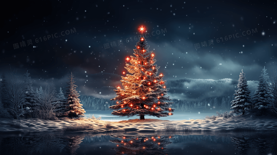 冬天夜晚雪地里的发光圣诞树插画