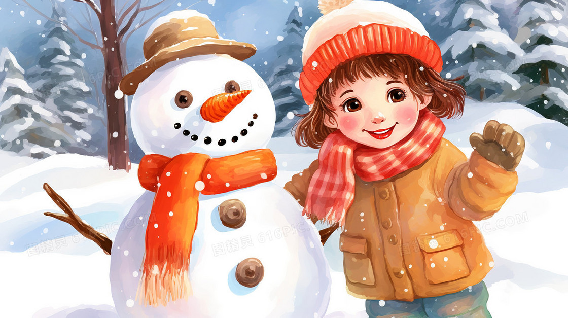 卡通风和雪人开心的合影的女孩插画