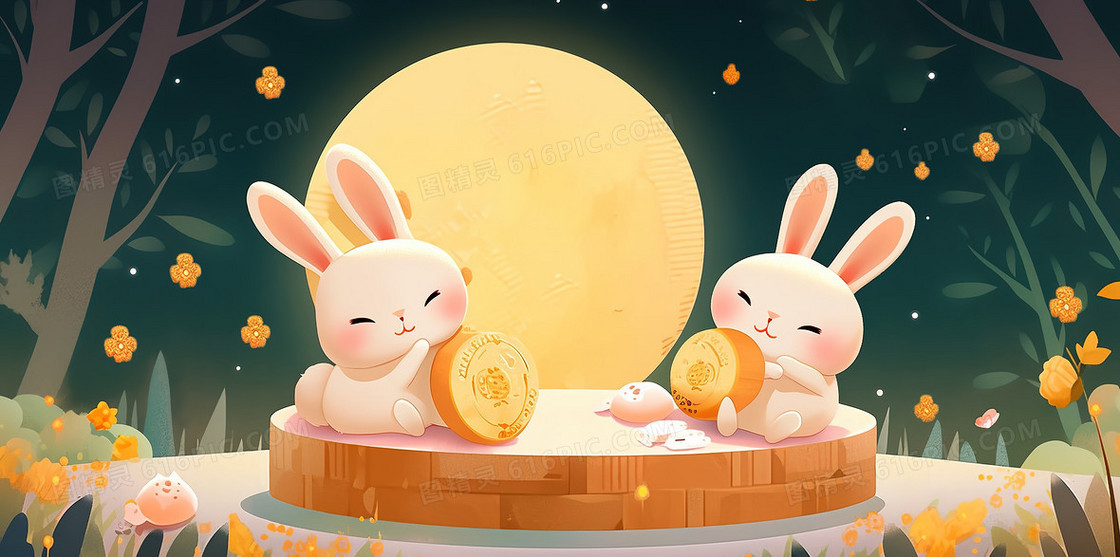 两个可爱的兔子抱着月饼在月光下插画
