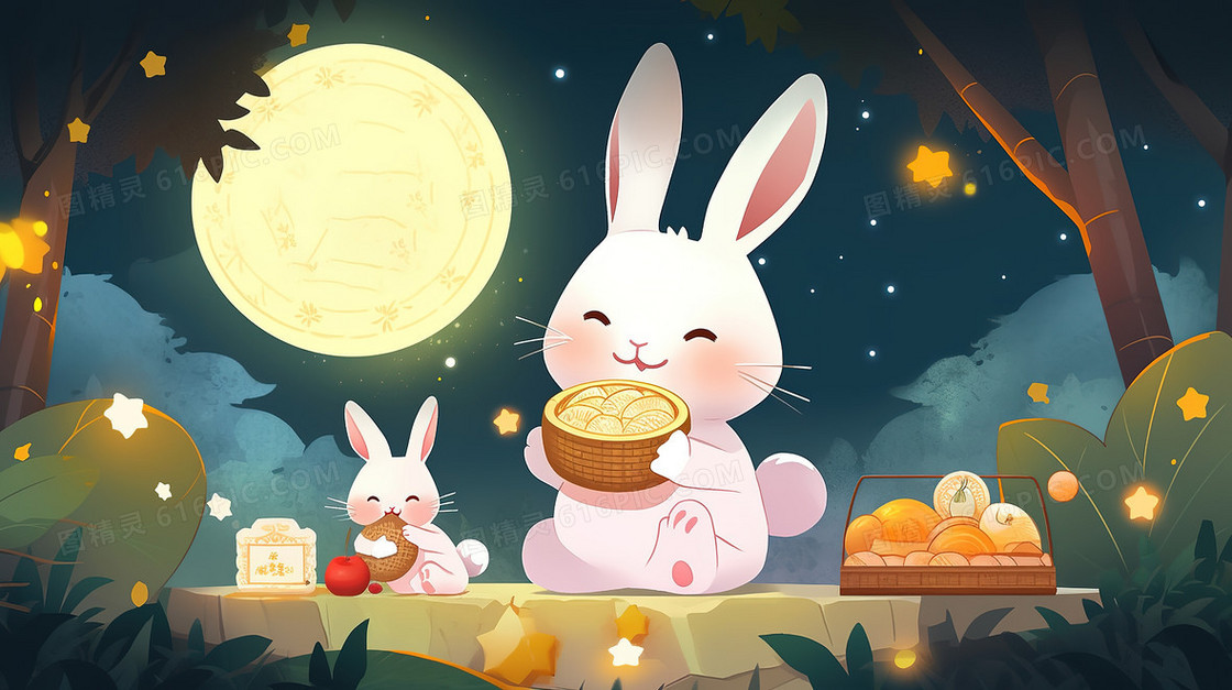 中秋节一个小兔子抱着月饼在月光下插画