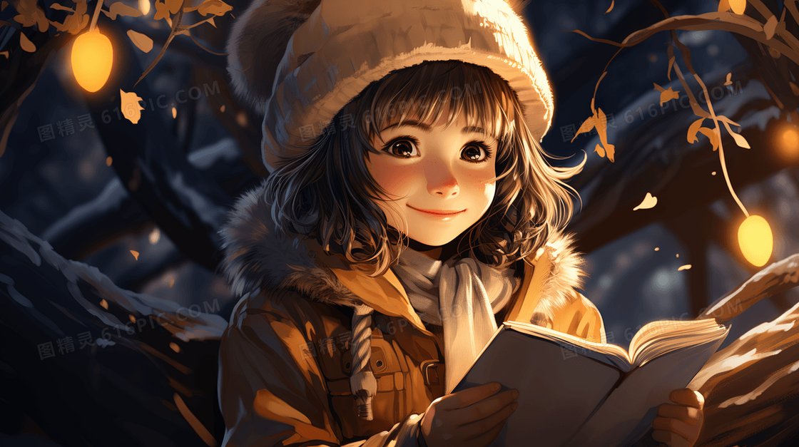 冬天戴帽子的女孩坐在树下看书插画