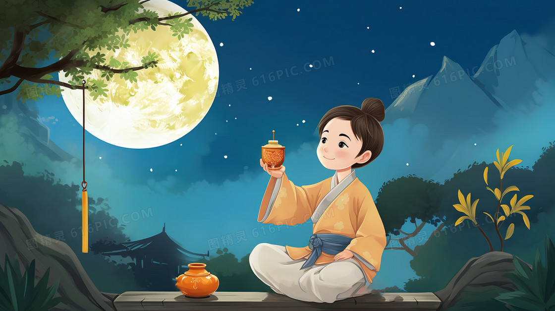 卡通月光下举起酒杯插画