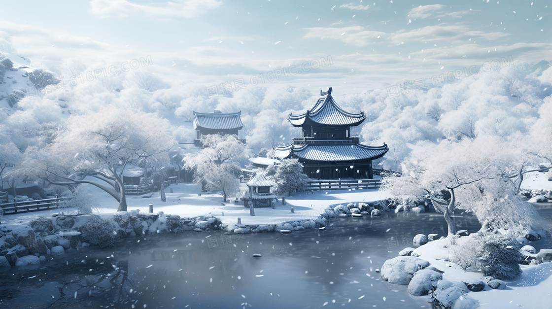 中国古典园林湖畔建筑雪景插画