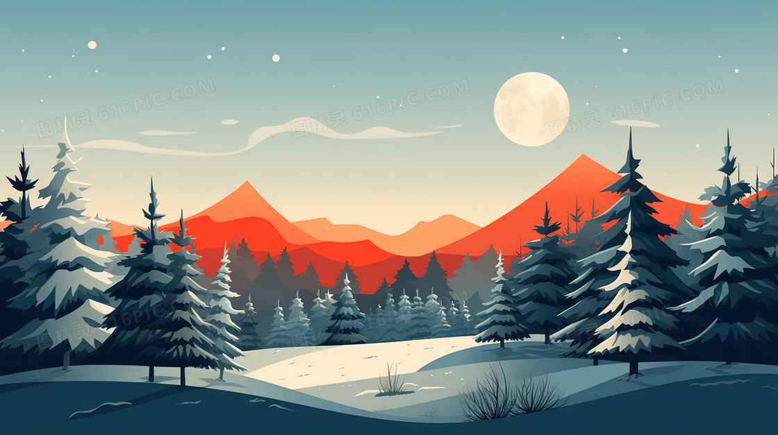 明月下的山丘树林雪地风景插画