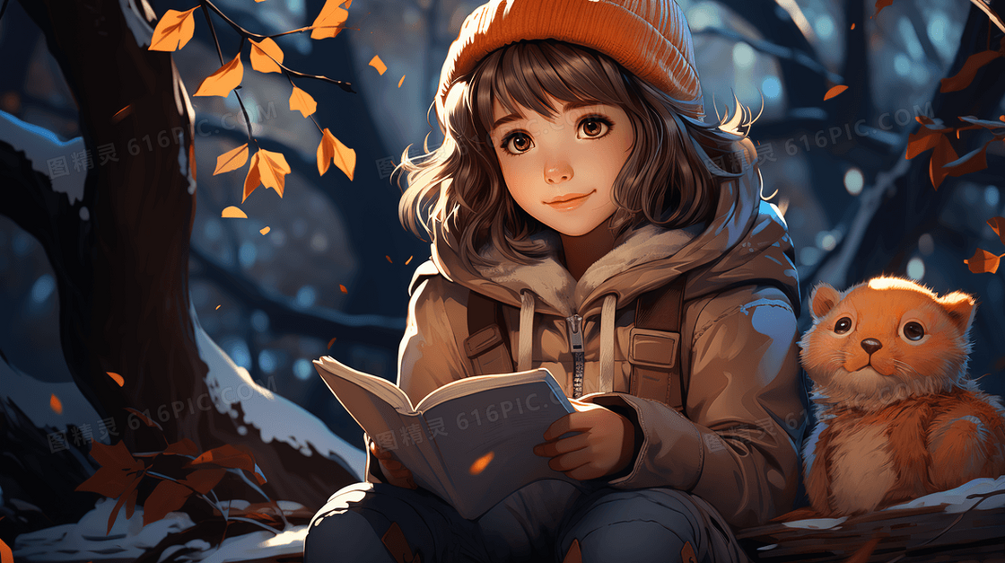 冬天戴帽子的女孩坐在树下看书插画
