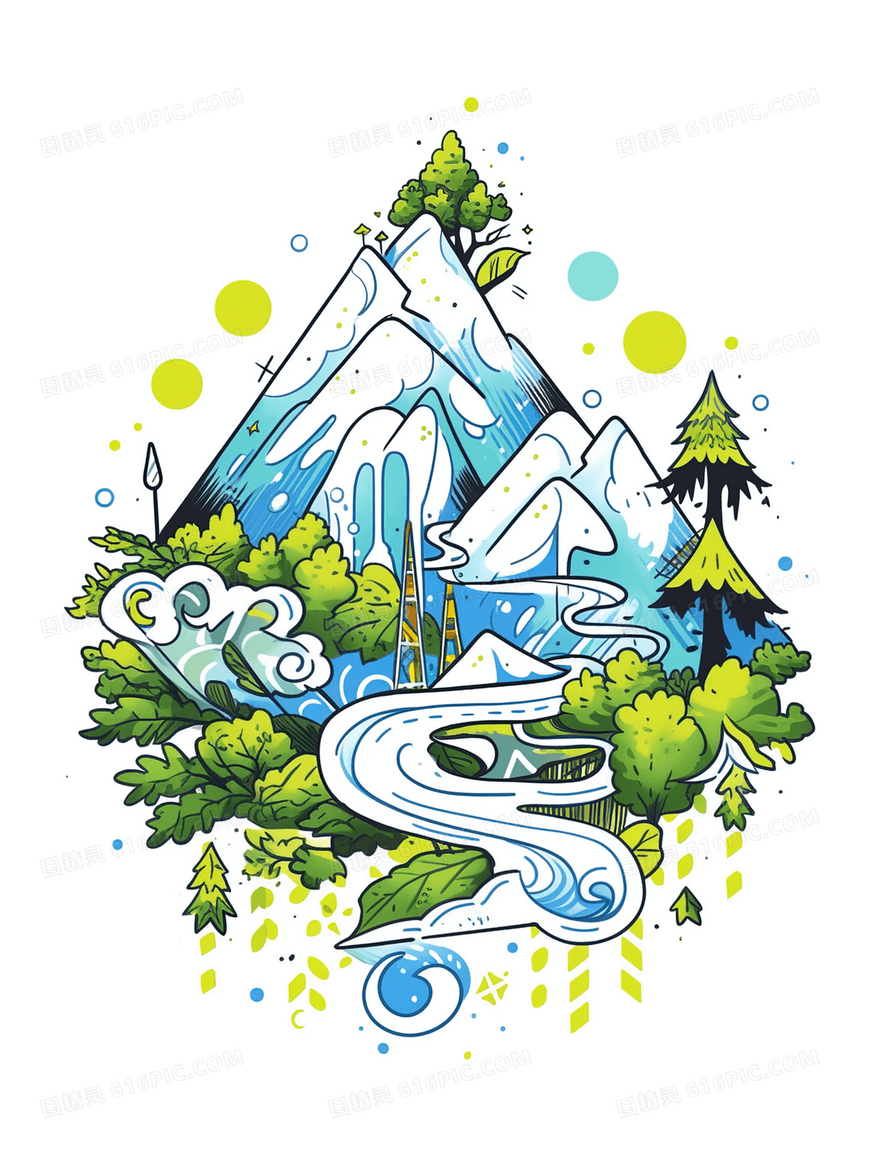 绿色山川树木河流平面简约插画