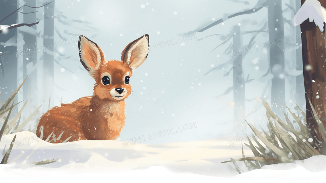 趴在树林雪地里的可爱小麋鹿动物插画