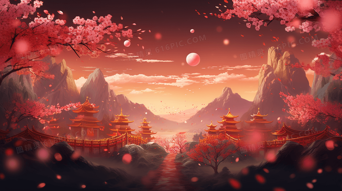 粉色中国风唯美建筑山水风景插画