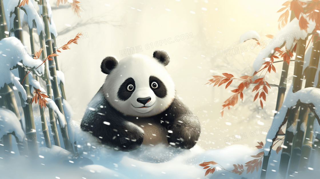 大雪里竹林雪地里的国宝大熊猫插画