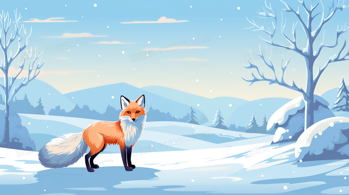 大雪天站在雪地里的狐狸动物风景插画