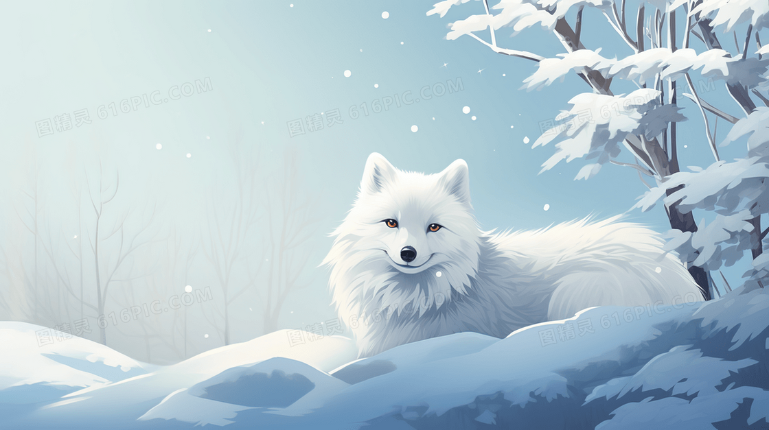 趴在树林雪地上的可爱狐狸插画