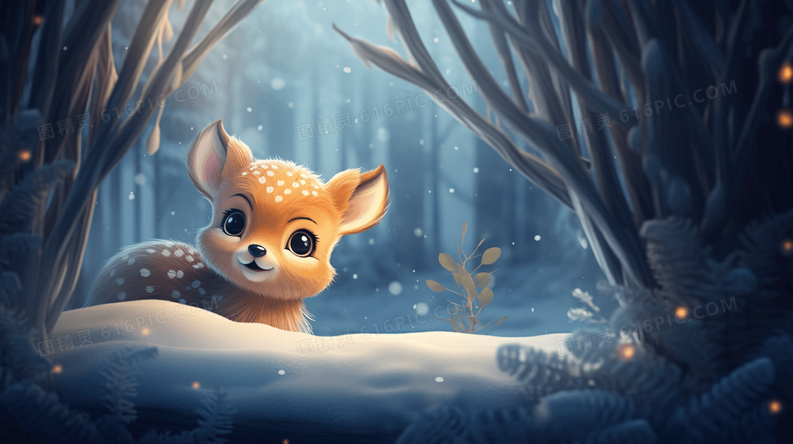 趴在树林雪地里的可爱小麋鹿动物插画